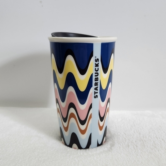 Starbucks 2017 Ceramic Wavy Waves Zigzag Traveler Tumbler Coffee Cup Mug 12 Oz - Picture 1 of 15